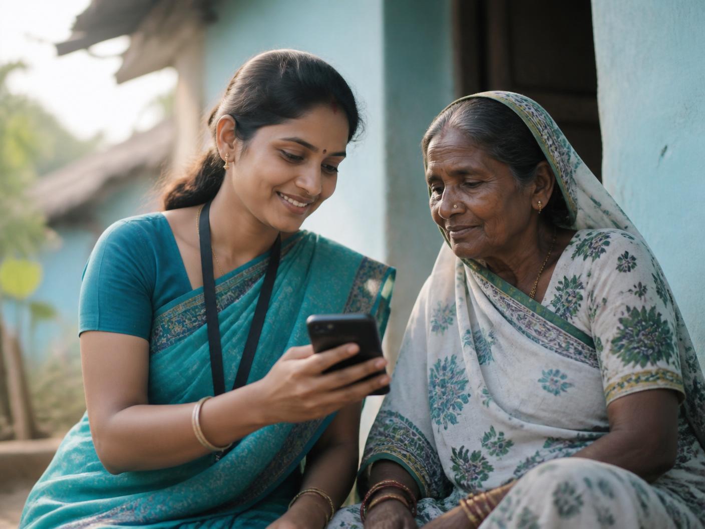 An ASHA health worker helping an elderly village woman use SehatMitra AI on a phone