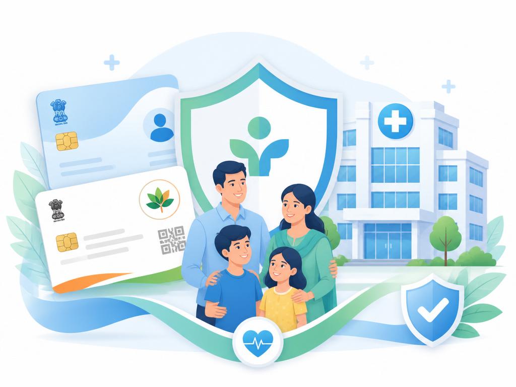 Illustration of a family protected by government health scheme cards and a hospital