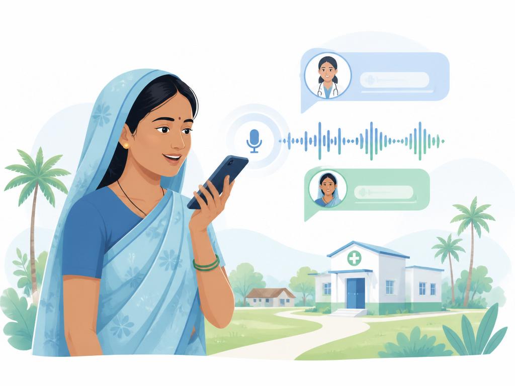Illustration of a village woman speaking to the SehatMitra AI assistant on her phone